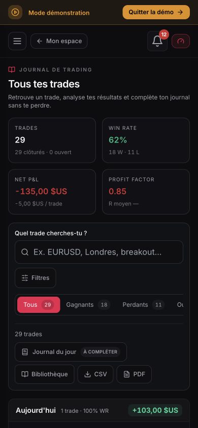 Liste mobile des trades Journal OS avec recherche, filtres, win rate, PnL et profit factor