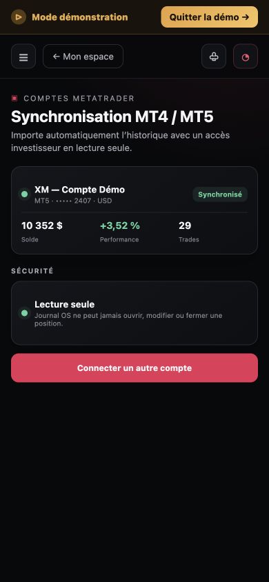 Compte MetaTrader mobile de démonstration connecté à Journal OS en lecture seule