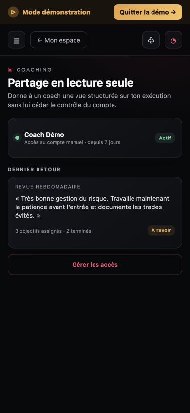 Espace coaching mobile Journal OS avec accès en lecture seule et retour hebdomadaire fictif