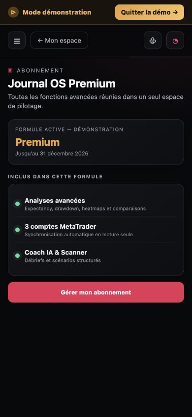 Écran mobile de démonstration de l’abonnement Premium Journal OS